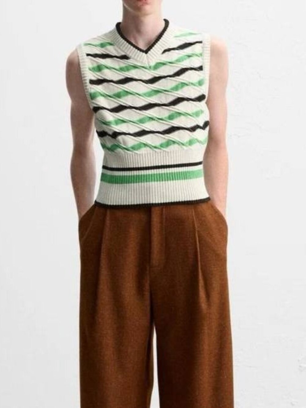 Zara Striped Pullover Sweater Vest Knit Cream Green Size S NWoT